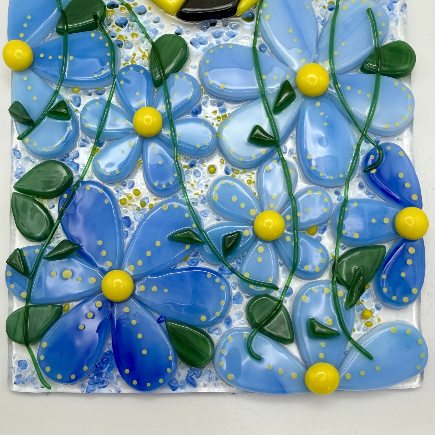 Happy Bee in the Flowers – Fused Glass Panel in White Wood Frame (9x12)