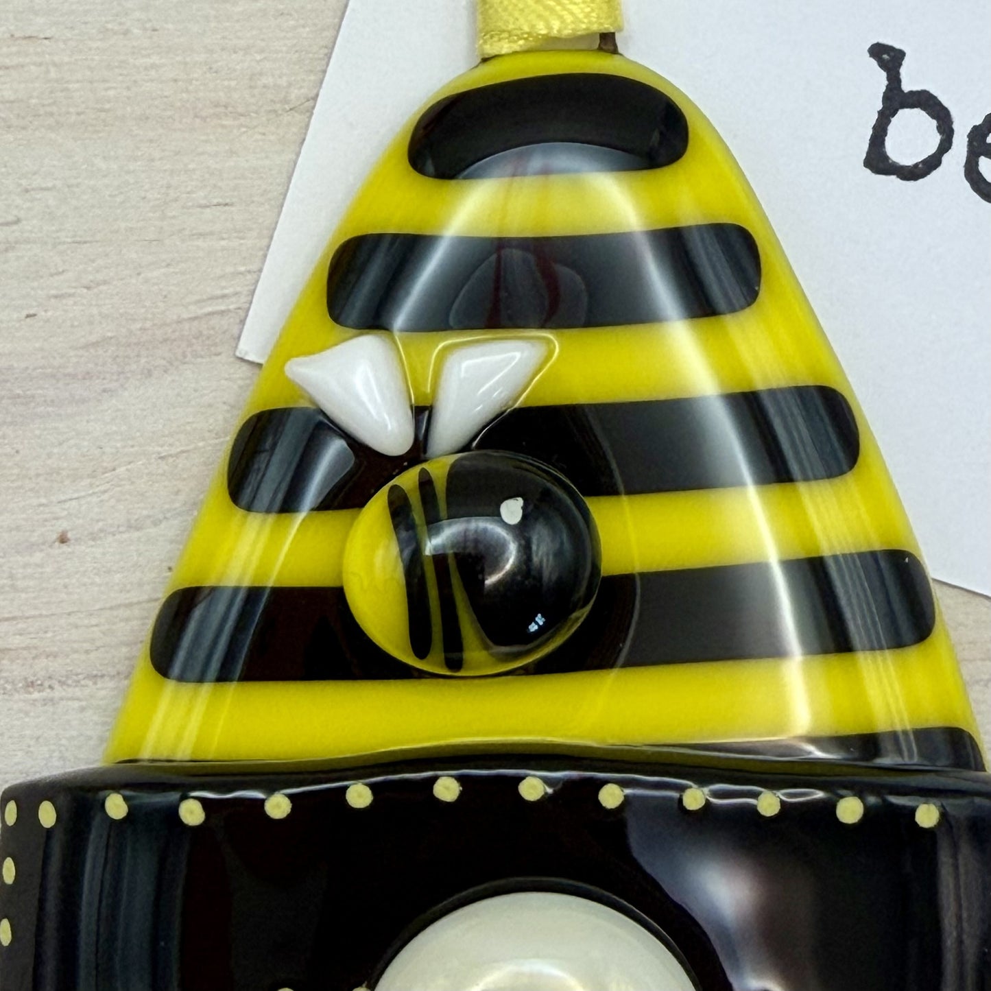 Bee Happy Fused Glass Gnome Ornament – Bumble Bee Gnome – Handmade Yellow & Black Gnome Decor
