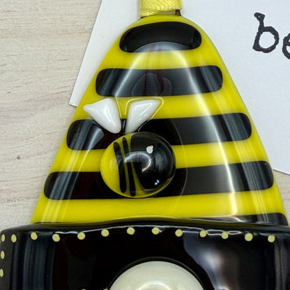 Bee Happy Fused Glass Gnome Ornament – Bumble Bee Gnome – Handmade Yellow & Black Gnome Decor