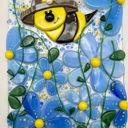 Happy Bee in the Flowers – Fused Glass Panel in White Wood Frame (9x12)