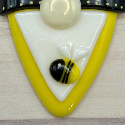 Bee Happy Fused Glass Gnome Ornament – Bumble Bee Gnome – Handmade Yellow & Black Gnome Decor
