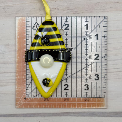 Bee Happy Fused Glass Gnome Ornament – Bumble Bee Gnome – Handmade Yellow & Black Gnome Decor