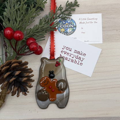 Handmade Fused Glass Bear Ornament with Gingerbread Man – Woodland Christmas Ornament – "You Make Everyday Bearable"