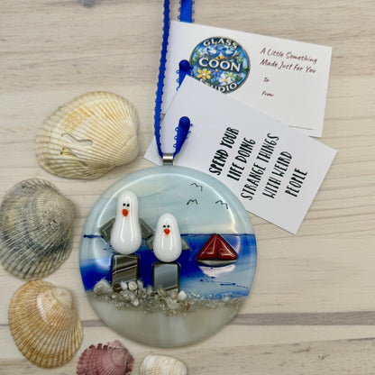 Large Fused Glass Beach Ornament with Seagulls & Sailboat – Coastal Nautical Decor
