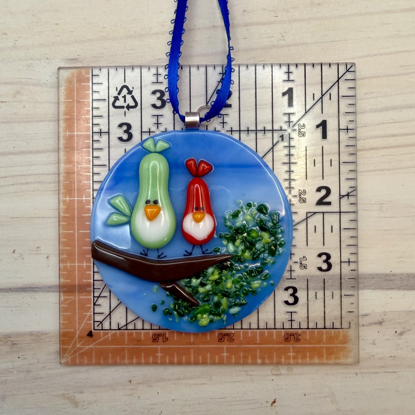 Whimsical Fused Glass Bird Ornament – Green & Red Love Birds on Branch – Handmade Friendship Gift