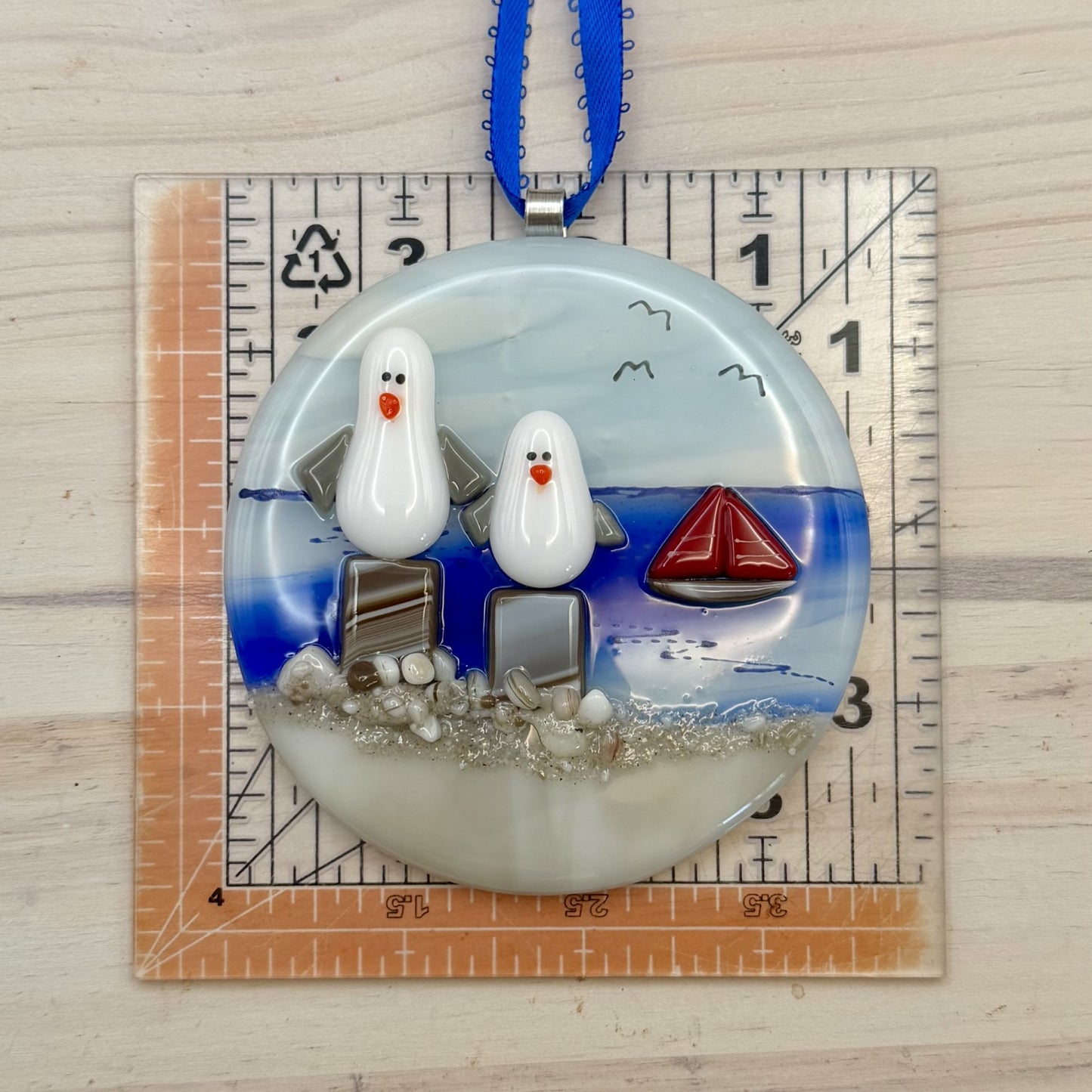 Large Fused Glass Beach Ornament with Seagulls & Sailboat – Coastal Nautical Decor