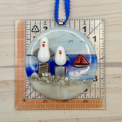 Large Fused Glass Beach Ornament with Seagulls & Sailboat – Coastal Nautical Decor