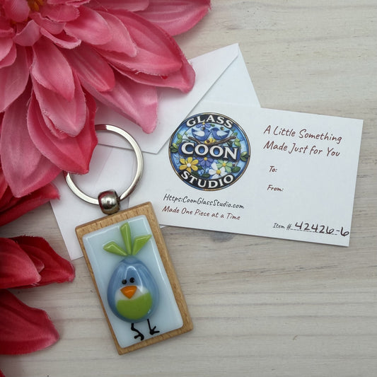 Blue & Lime Green Bird Glass Keychain – Handmade Fused Glass Bird on Beechwood Base