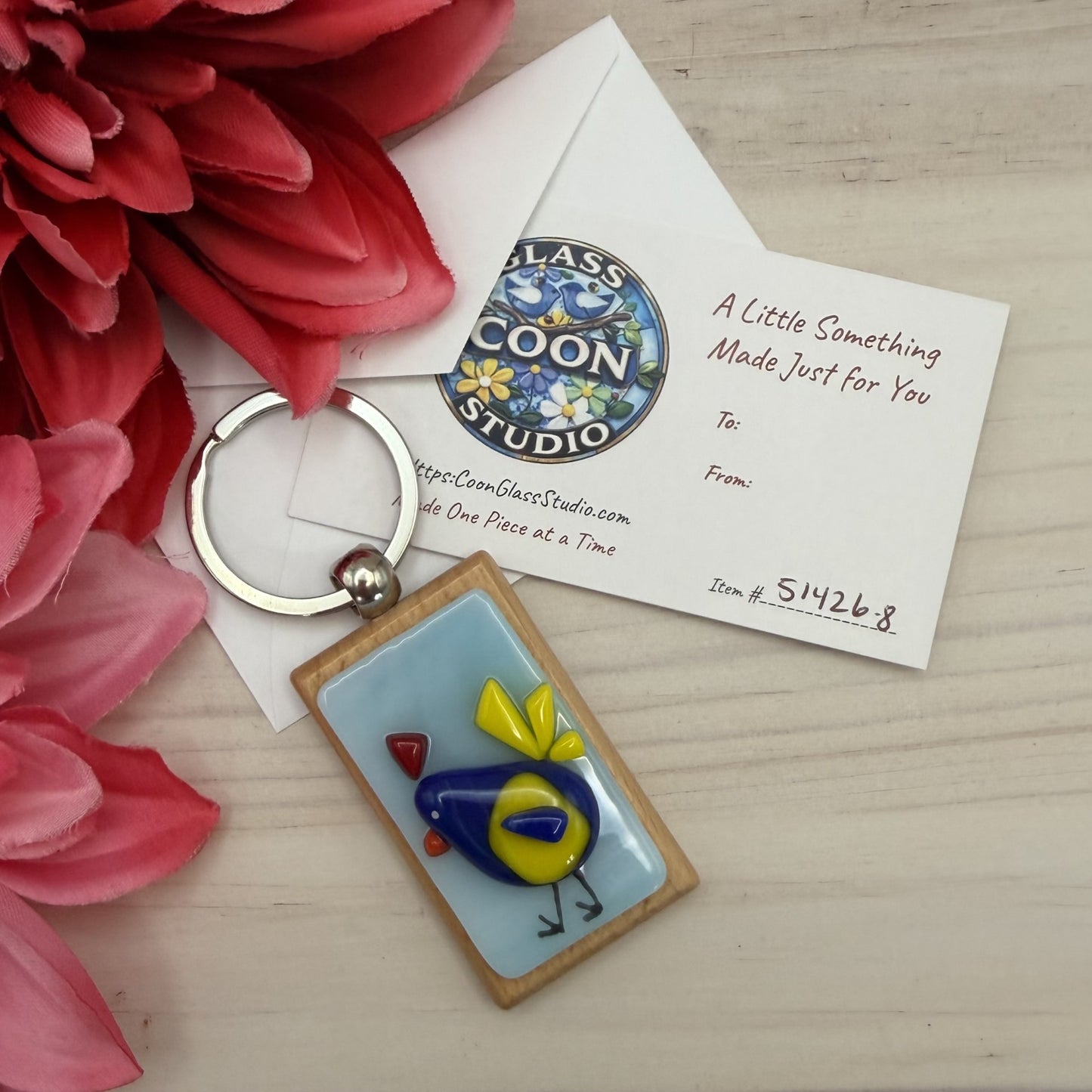 Fused Glass Chicken Keychain – Handmade Farmhouse Beechwood Keychain