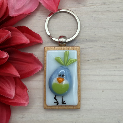 Blue & Lime Green Bird Glass Keychain – Handmade Fused Glass Bird on Beechwood Base