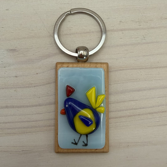 Fused Glass Chicken Keychain – Handmade Farmhouse Beechwood Keychain