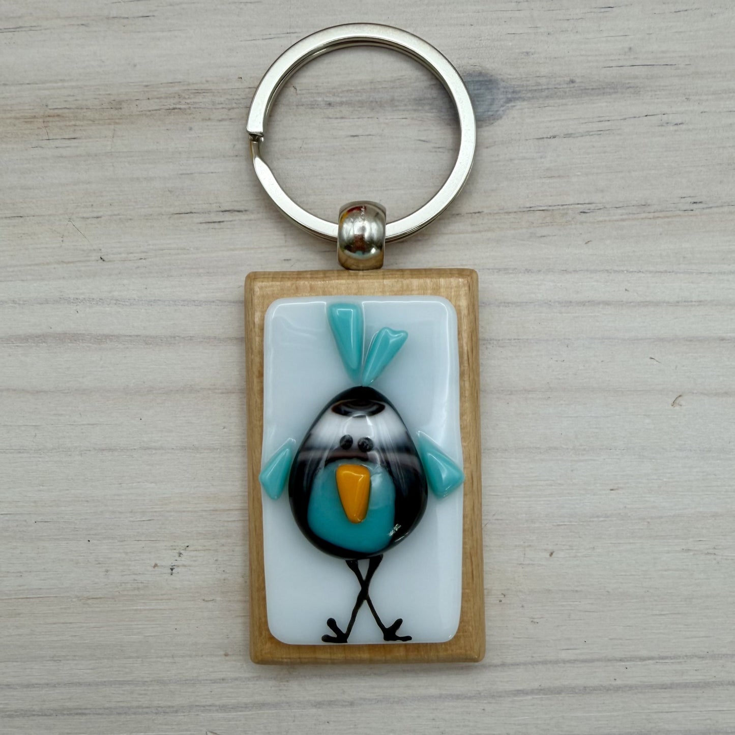 Whimsical Fused Glass Bird Keychain – Handmade Beechwood Purse Charm & Bag Accessor
