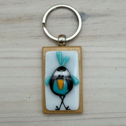 Whimsical Fused Glass Bird Keychain – Handmade Beechwood Purse Charm & Bag Accessor