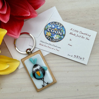 Whimsical Fused Glass Bird Keychain – Handmade Beechwood Purse Charm & Bag Accessor