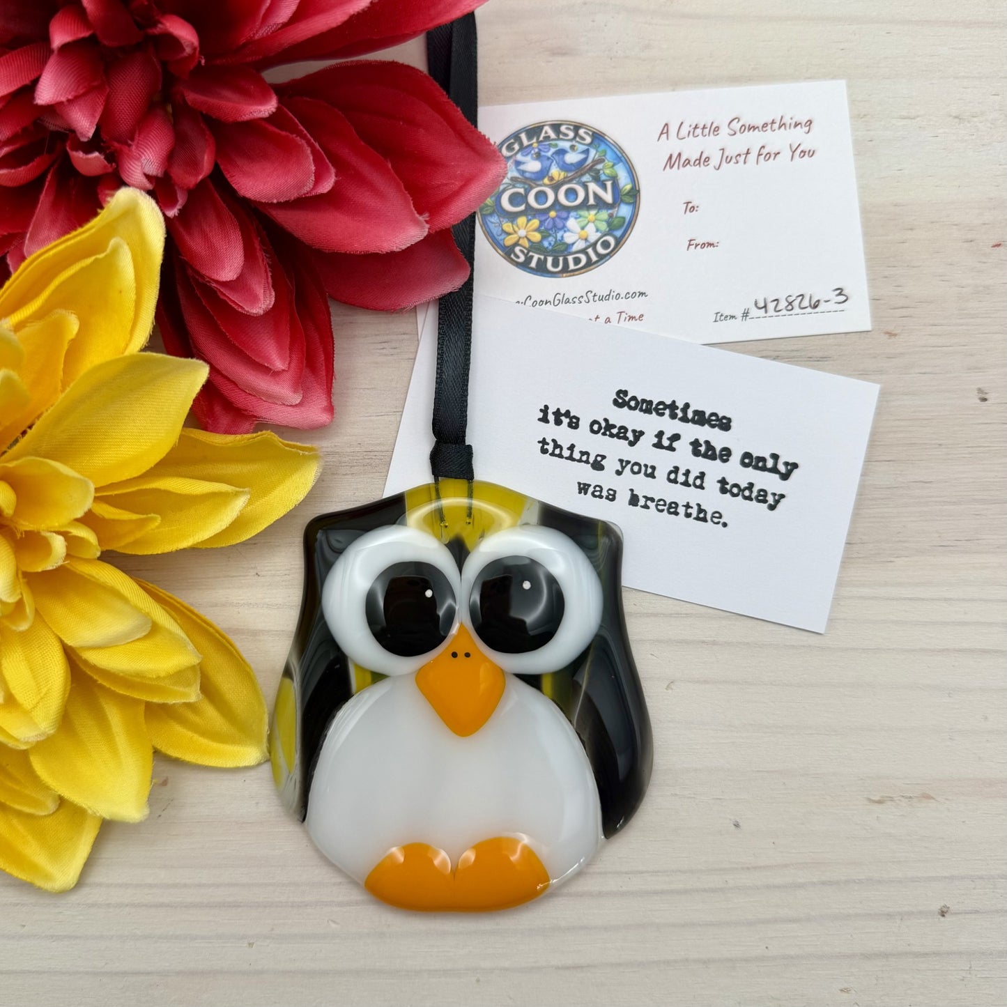 Fused Glass Owl Ornament / Suncatcher – Black & Yellow Owl with Orange and White Details | Handmade Gift