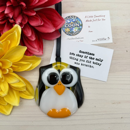 Fused Glass Owl Ornament / Suncatcher – Black & Yellow Owl with Orange and White Details | Handmade Gift
