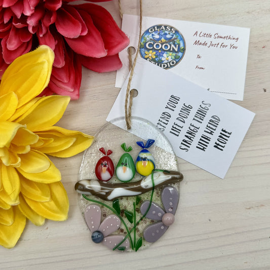 Fused Glass Bird Ornament – Three Colorful Birds on Branch with Purple Flowers | Handmade Hanging Glass Decor