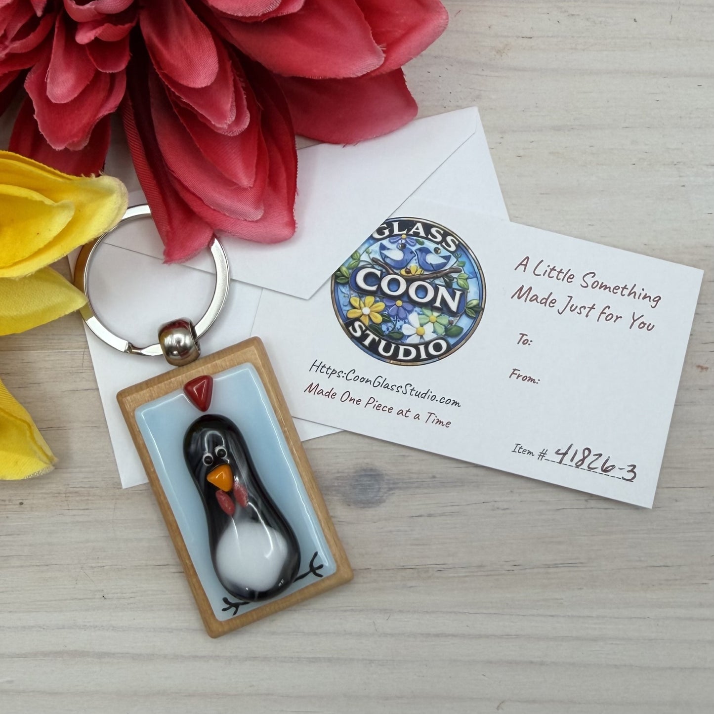 Fused Glass Chicken Keychain on Beechwood | Handmade Farmhouse Gift