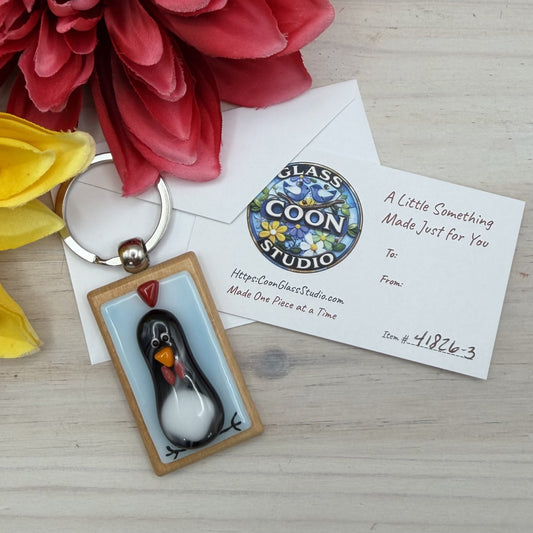 Fused Glass Chicken Keychain on Beechwood | Handmade Farmhouse Gift