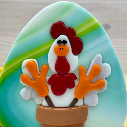 Fused Glass Chicken in a Flower Pot with a Green and Blue Egg