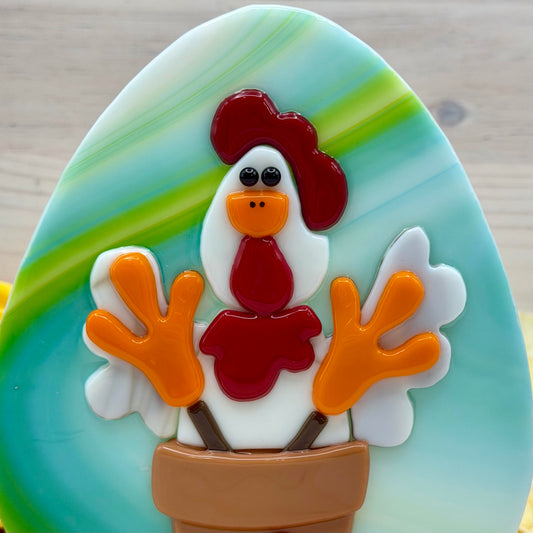 Fused Glass Chicken in a Flower Pot with a Green and Blue Egg
