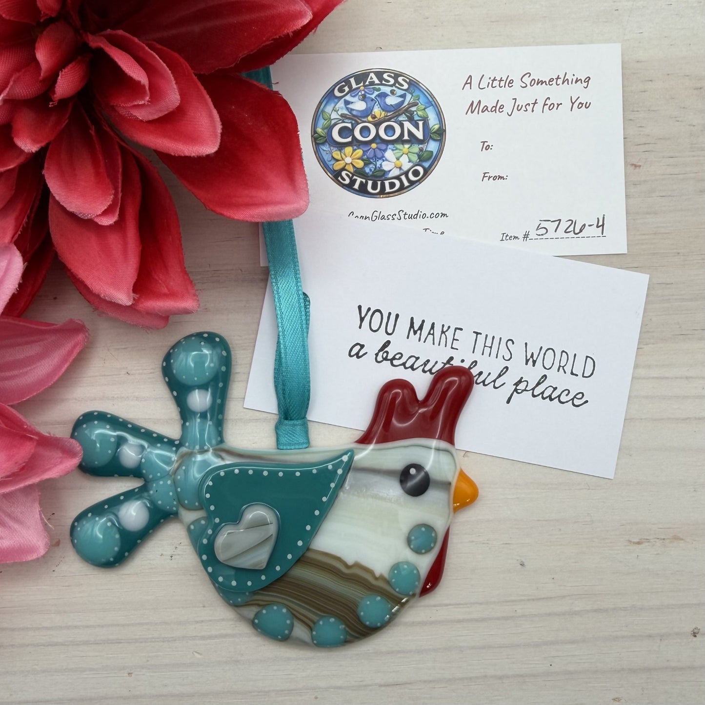 Fused Glass Chicken Ornament – Whimsical Polka Dot Hen with Teal Accents