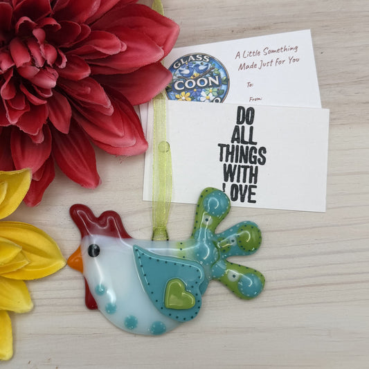 Whimsical Fused Glass Chicken Ornament with Polka Dots & Heart Wing