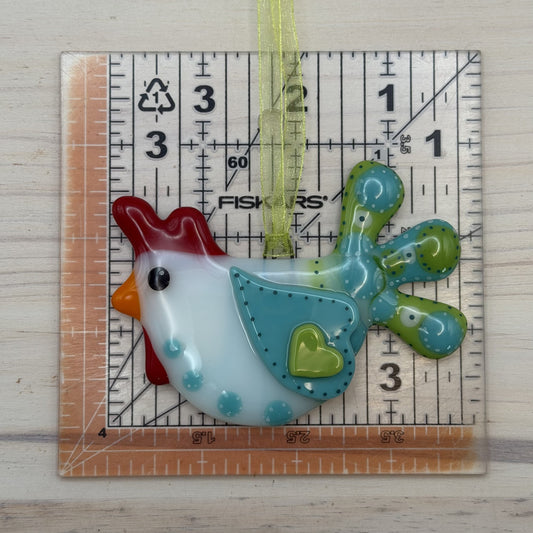 Whimsical Fused Glass Chicken Ornament with Polka Dots & Heart Wing