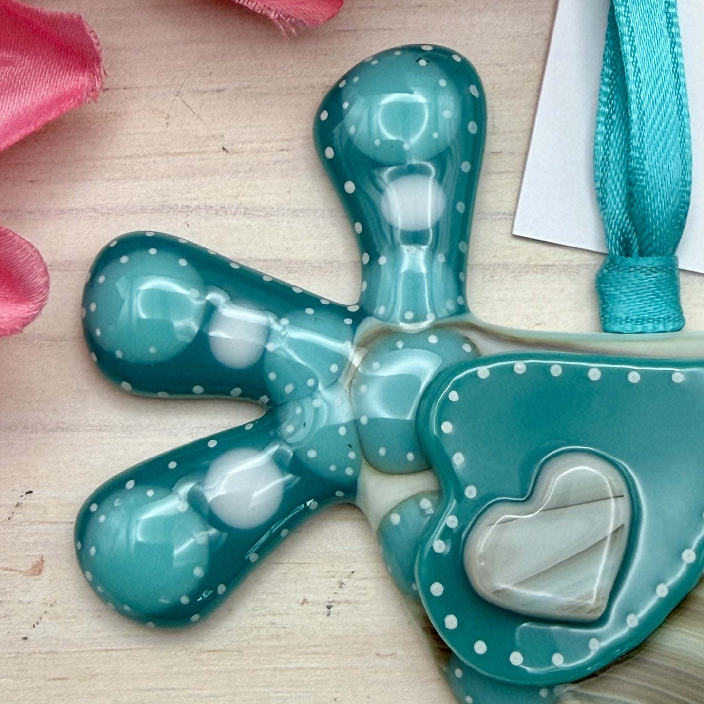 Fused Glass Chicken Ornament – Whimsical Polka Dot Hen with Teal Accents