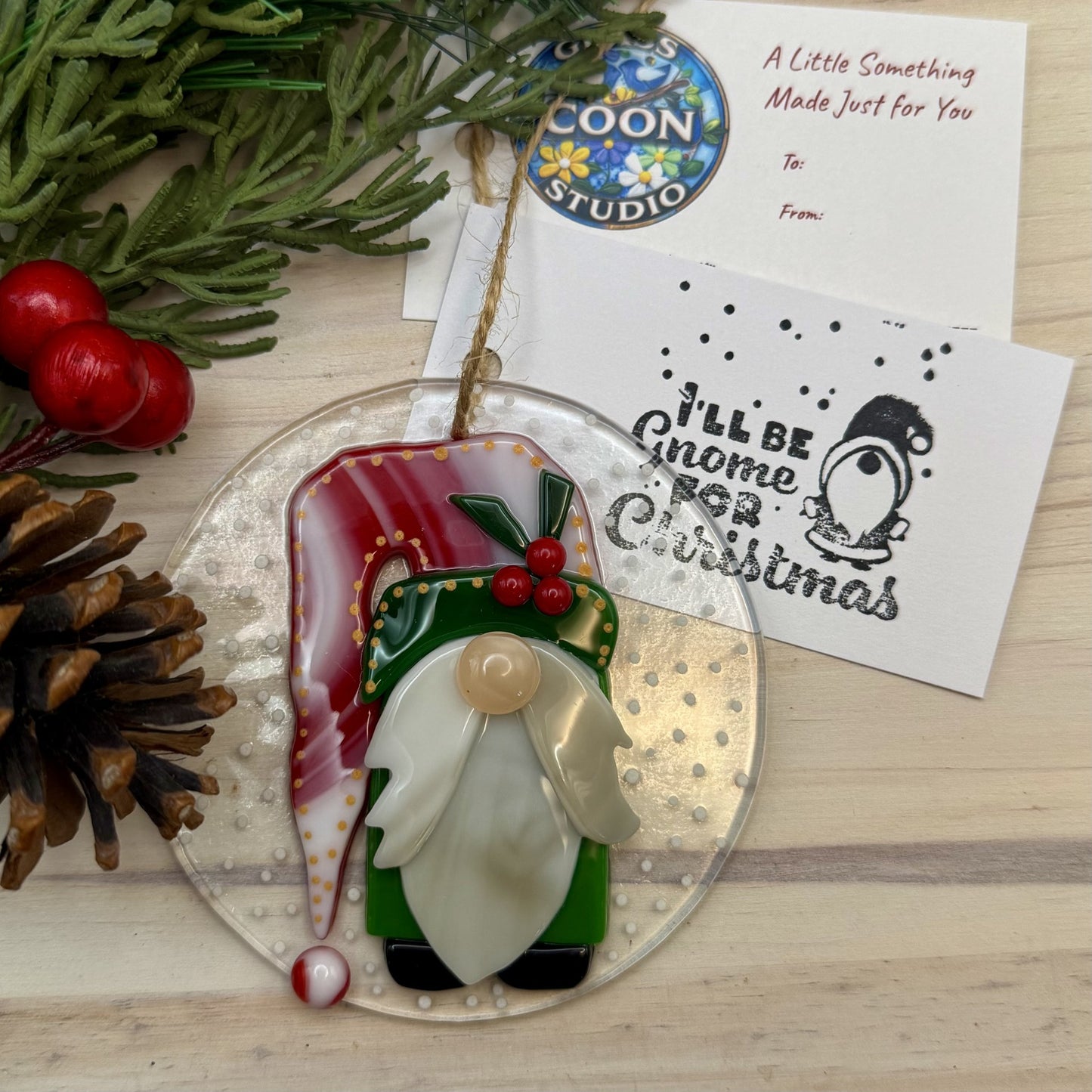 Peppermint Christmas Gnome Fused Glass Ornament – “I’ll Be Gnome For Christmas” Holiday Suncatcher
