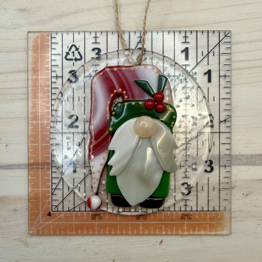 Peppermint Christmas Gnome Fused Glass Ornament – “I’ll Be Gnome For Christmas” Holiday Suncatcher