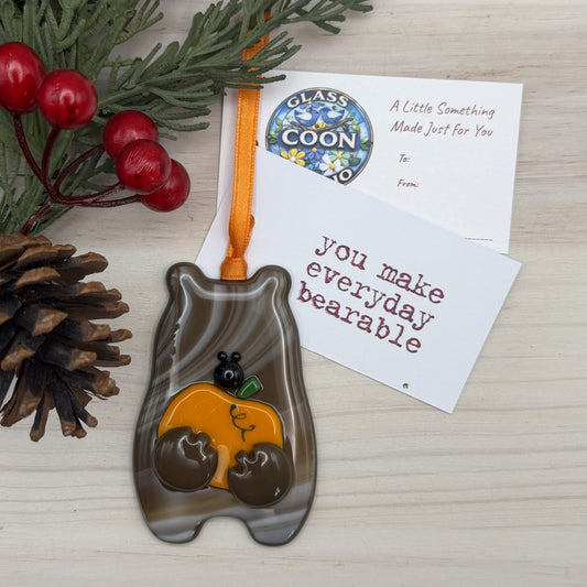 Handmade Fused Glass Bear Ornament Holding Pumpkin – Fall Bear Christmas Ornament – Autumn Glass Decor