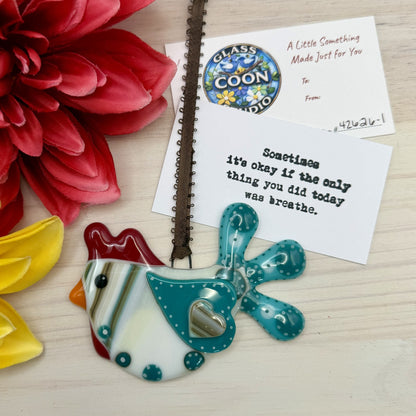 Fused Glass Chicken Ornament with Heart Wing – Handmade Farmhouse Ornament
