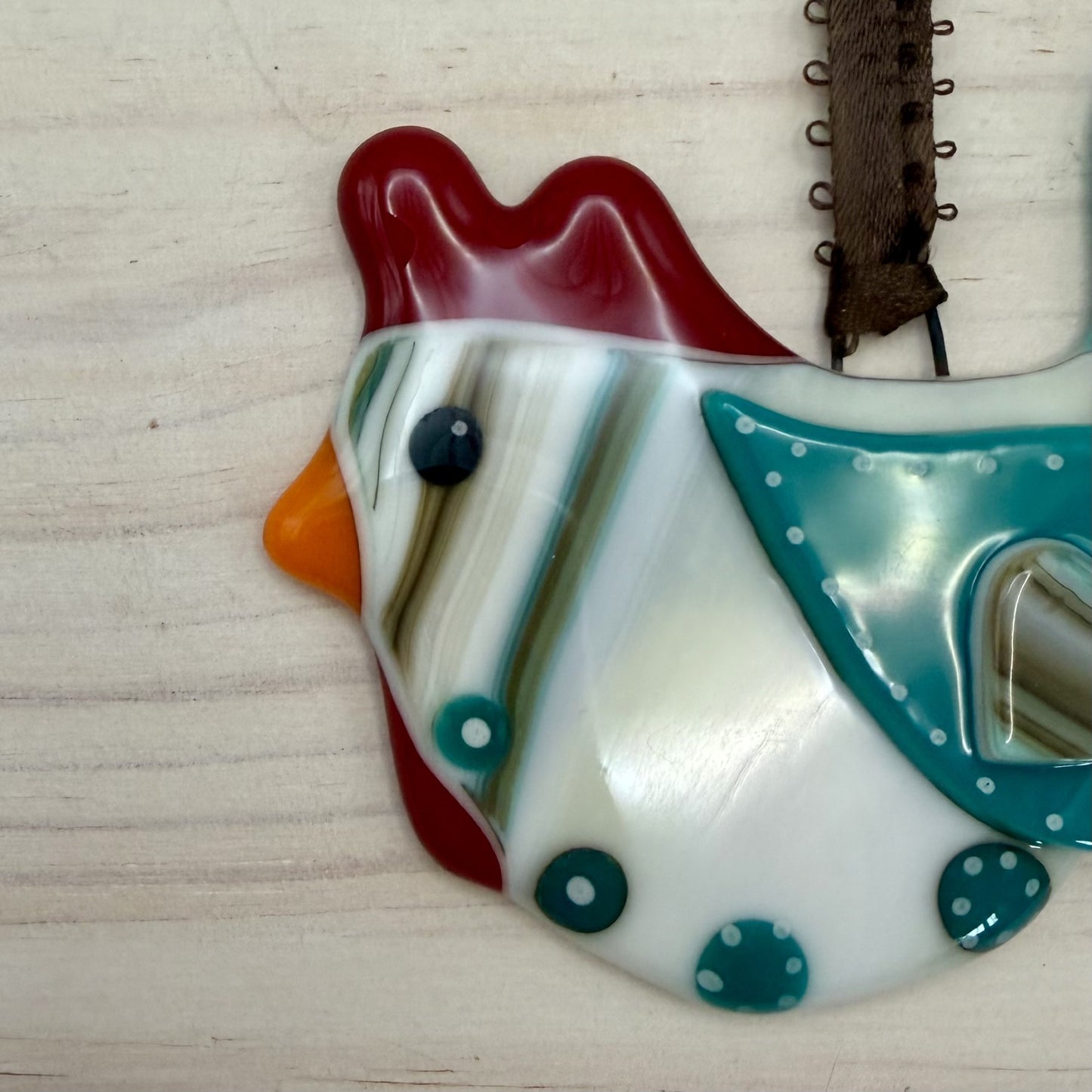 Fused Glass Chicken Ornament with Heart Wing – Handmade Farmhouse Ornament