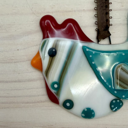 Fused Glass Chicken Ornament with Heart Wing – Handmade Farmhouse Ornament