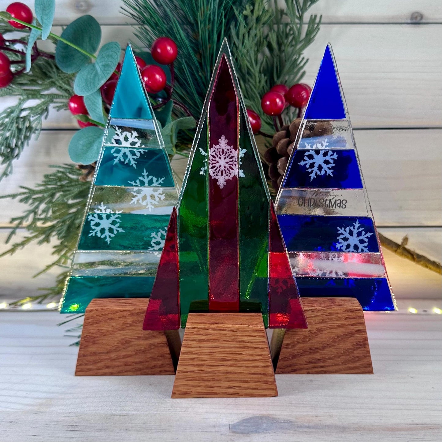 Oak Wood Display Stand: Fused and Stained Glass Christmas Tree Holder