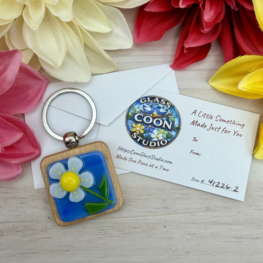 Fused Glass Flower Keychain – White Flower on Blue Glass with Beechwood Base