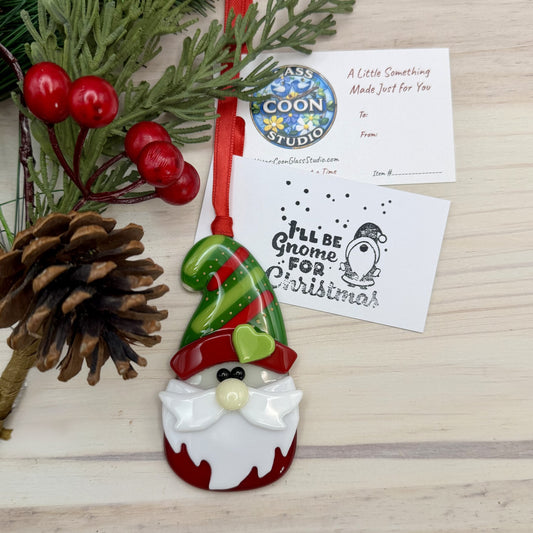Fused Glass Christmas Gnome Ornament – Green Striped Hat with Heart