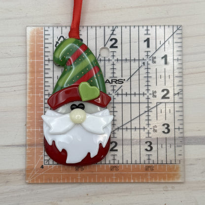 Fused Glass Christmas Gnome Ornament – Green Striped Hat with Heart