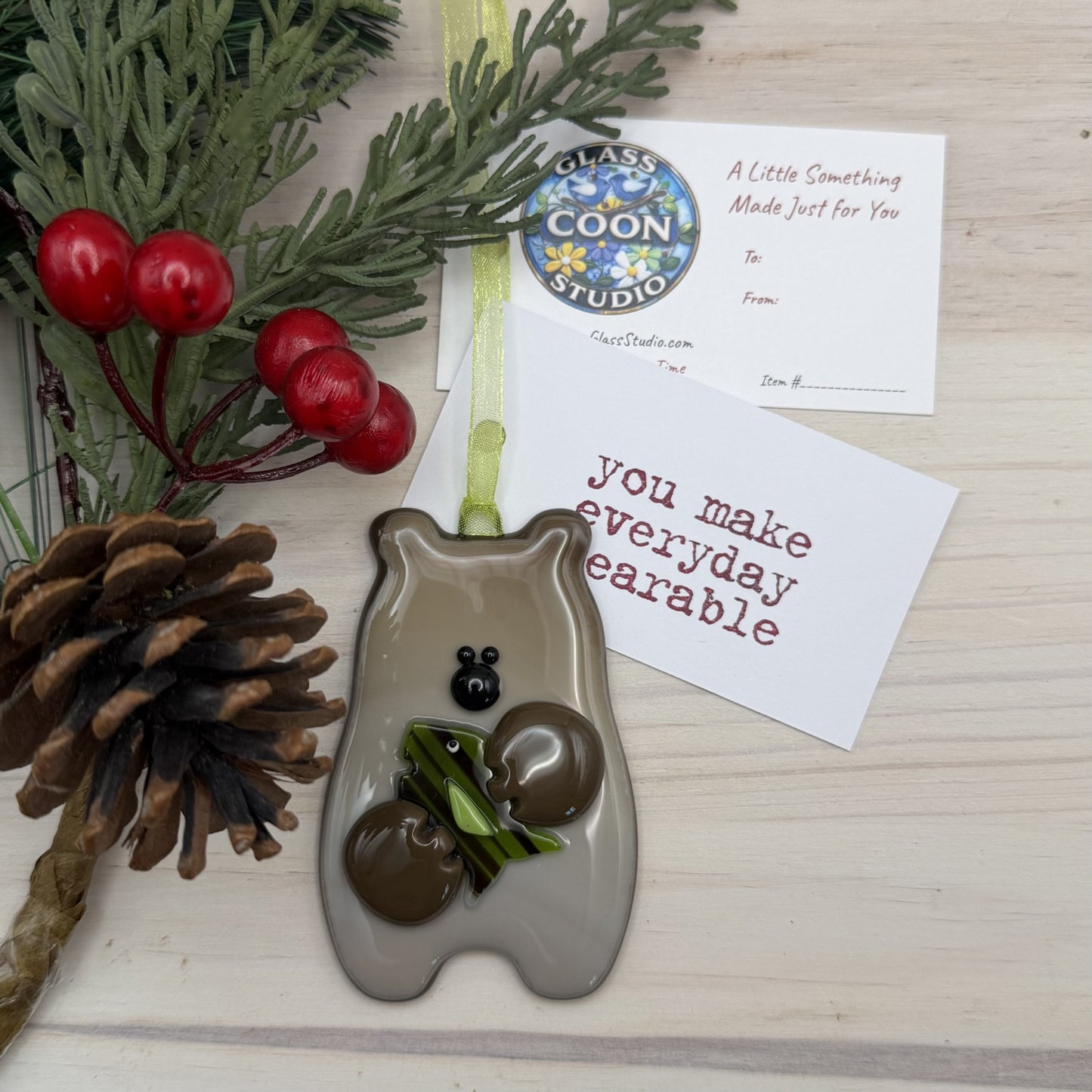 Handmade Fused Glass Brown Bear Ornament with Fish – Rustic Woodland Christmas Decor – "You Make Everyday Bearable"