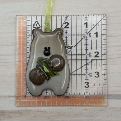 Handmade Fused Glass Brown Bear Ornament with Fish – Rustic Woodland Christmas Decor – "You Make Everyday Bearable"