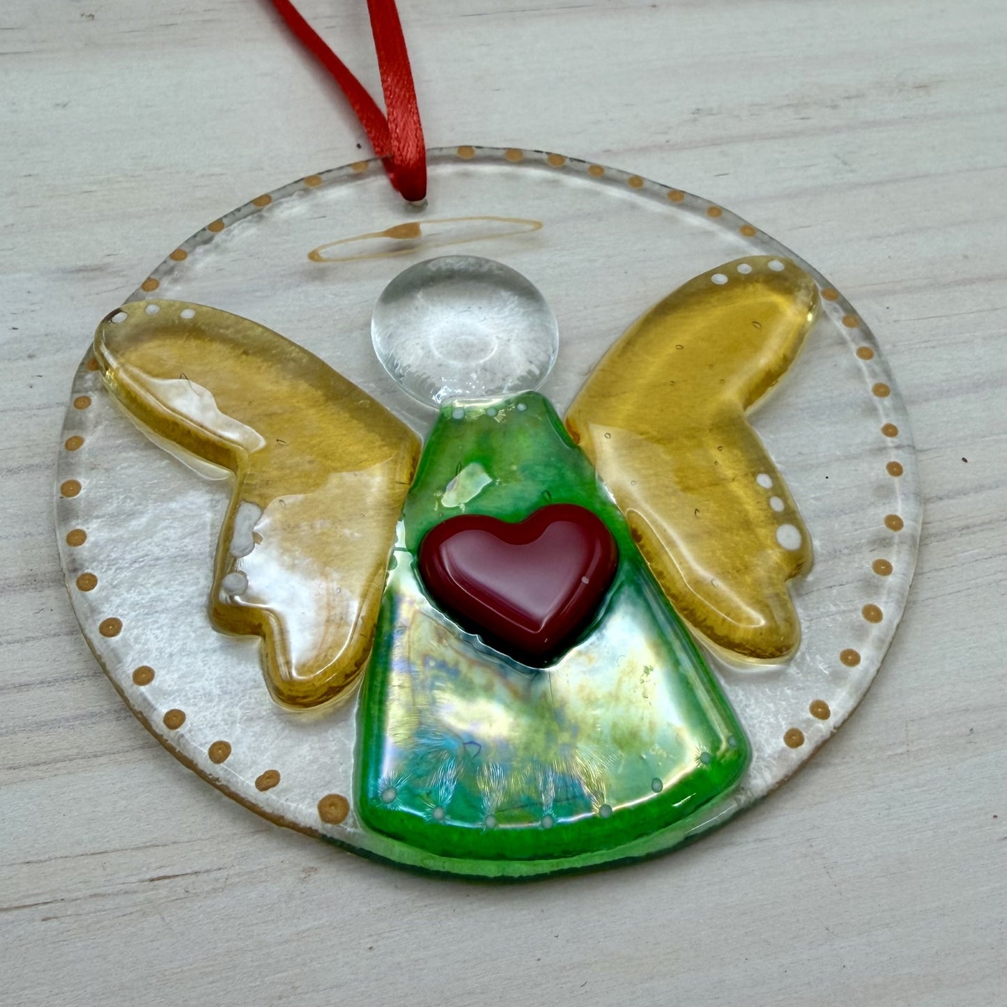 Green and Yellow Luminescent Fused Glass Angel Ornament/Suncatcher