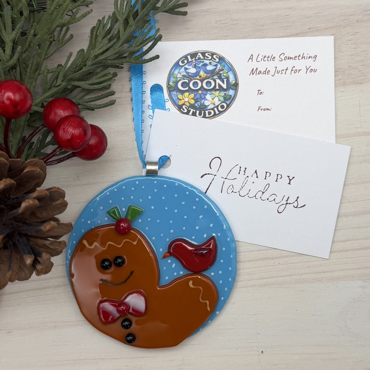Fused Glass Gingerbread Man Ornament with Red Bird – Handmade Christmas Decoration