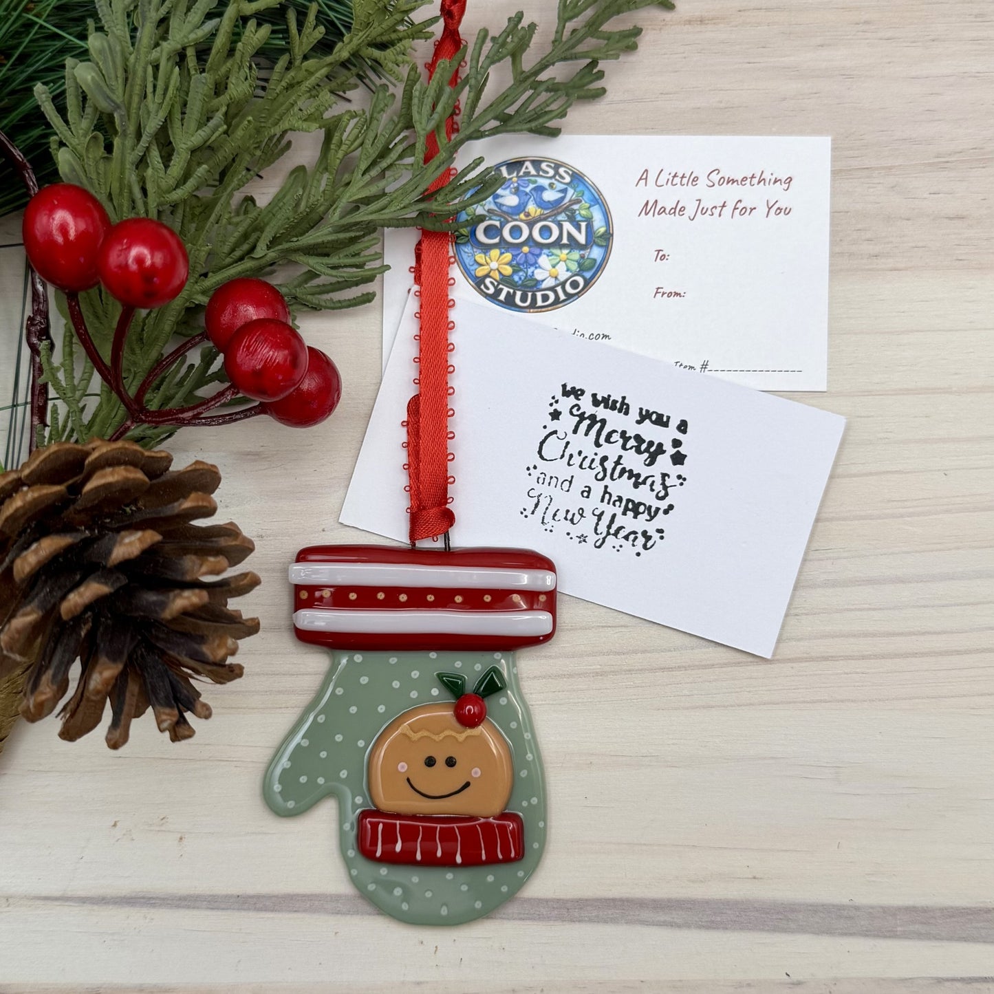Fused Glass Gingerbread Man Mitten Ornament – Sage Green Christmas Ornament with Red Cuff