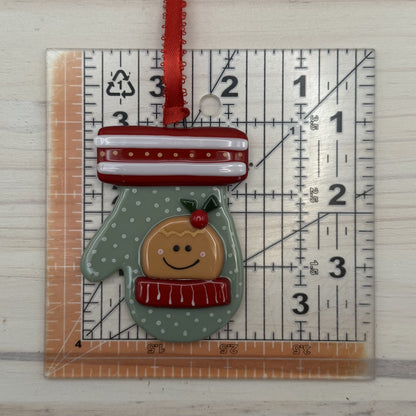 Fused Glass Gingerbread Man Mitten Ornament – Sage Green Christmas Ornament with Red Cuff