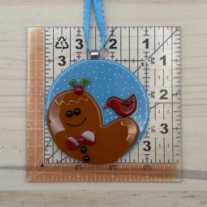 Fused Glass Gingerbread Man Ornament with Red Bird – Handmade Christmas Decoration