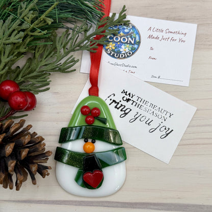 Fused Glass Snowman Ornament with Heart Scarf – Handmade Christmas Decoration