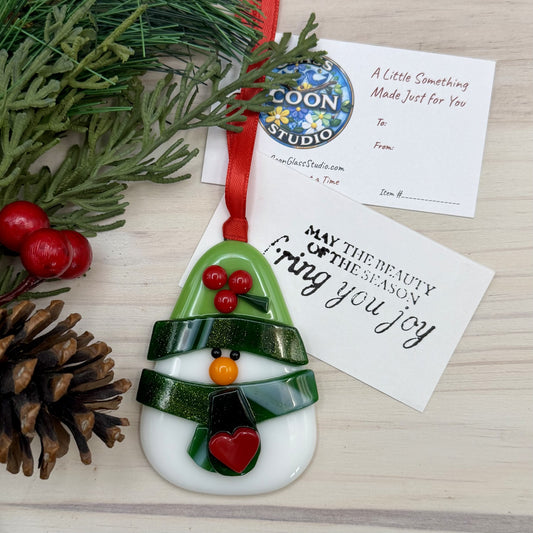 Fused Glass Snowman Ornament with Heart Scarf – Handmade Christmas Decoration