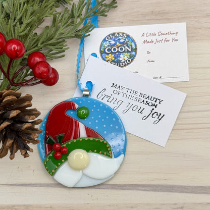 Fused Glass Christmas Gnome Ornament – Handmade Gnome Ornament – Round Holiday Tree Decoration