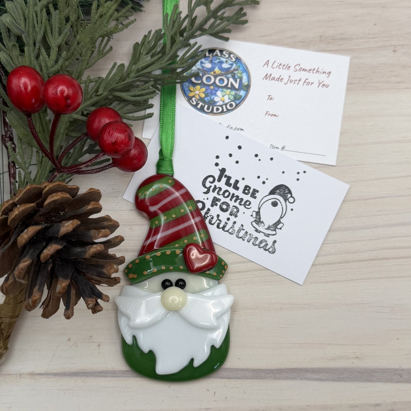 Handmade Fused Glass Christmas Gnome Ornament with Heart – Red & Green Holiday Gnome – "I'll Be Gnome For Christmas"